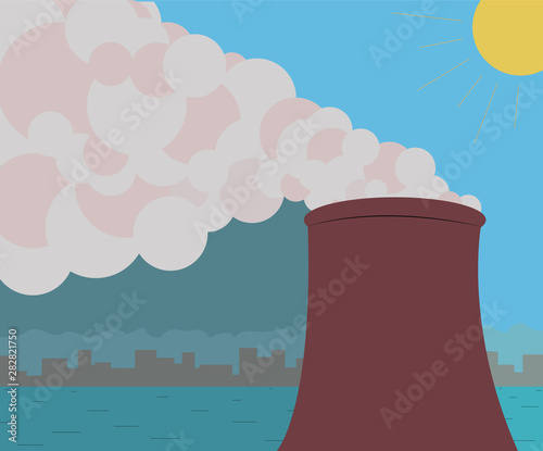 Ecology concept illustration. Bad eco issue. Demonstration how the smoke ruins nature, ciry, river and sky