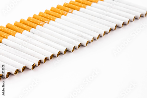 Hilera de cigarrillos en diagonal sobre fondo blanco.