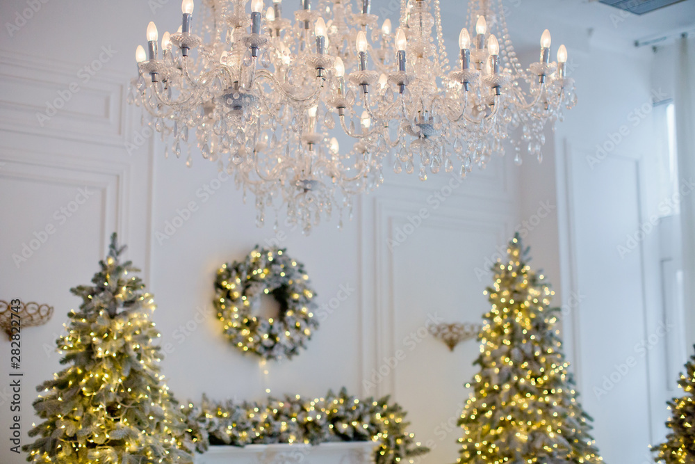 royal room with christmas tree and fireplace