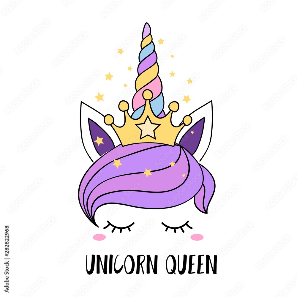 Unicorn queen inspiration card vector illustration. Cute sleepy face of