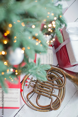 French horn and Christmas decorations