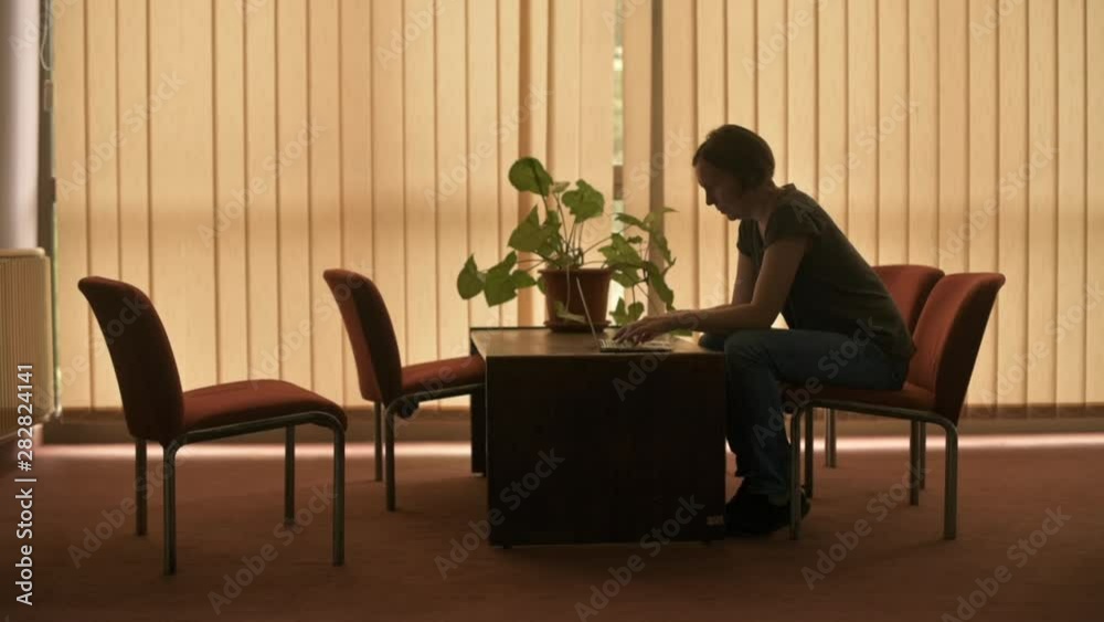 Woman using laptop computer in hotel lobby Woman using laptop computer in hotel lobby