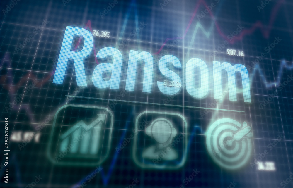 Ransom concept on a blue dot matrix computer display.