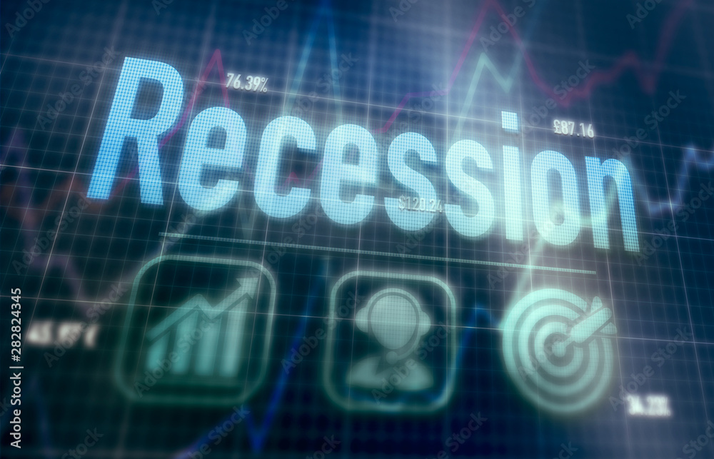 Recession concept on a blue dot matrix computer display.