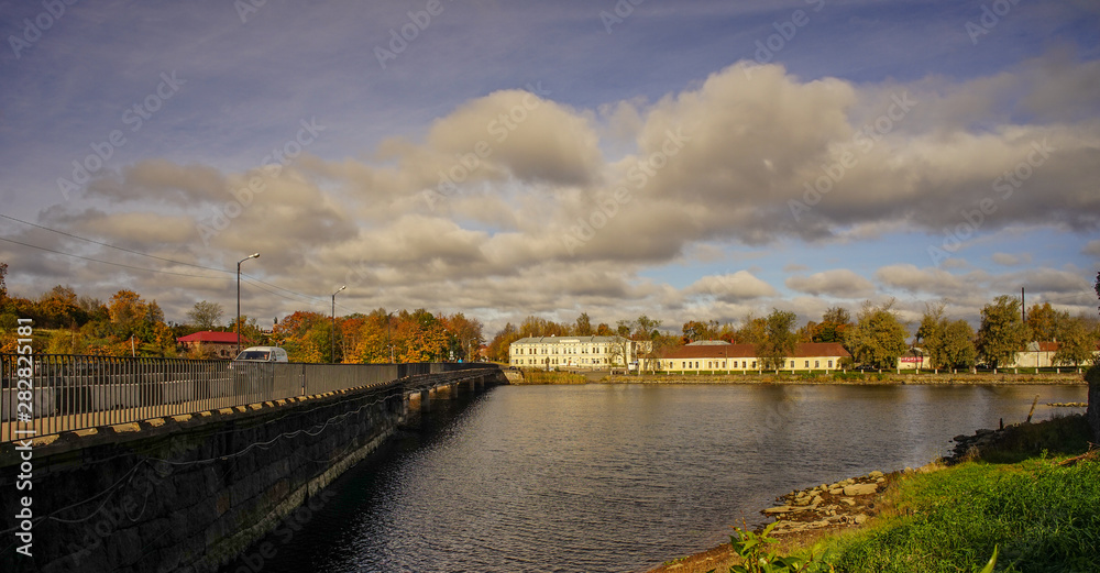 Cityscape with the river in Vyborg, Russia