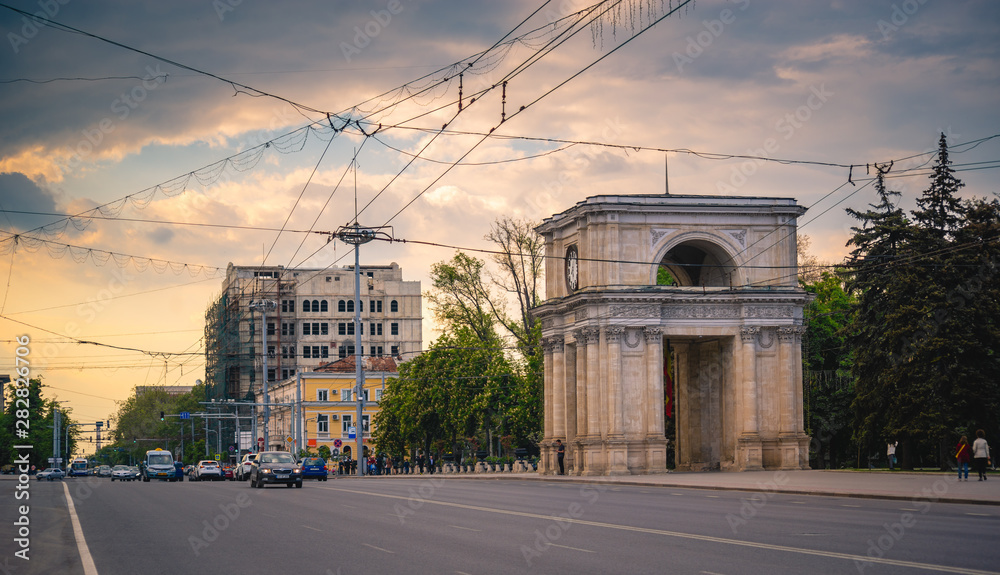 The Triumphal Arch. Famous place in Chisinau city, Moldova,2019