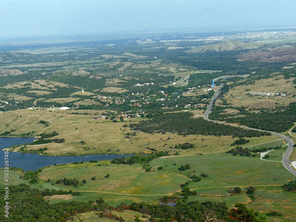 Aerial view of Medicine Park and Lawtonka Lake, Oklahoma