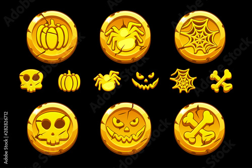 Golden coin. Set vector cartoon coins with Halloween symbols for playing Game UI. Icons on a separate layer.