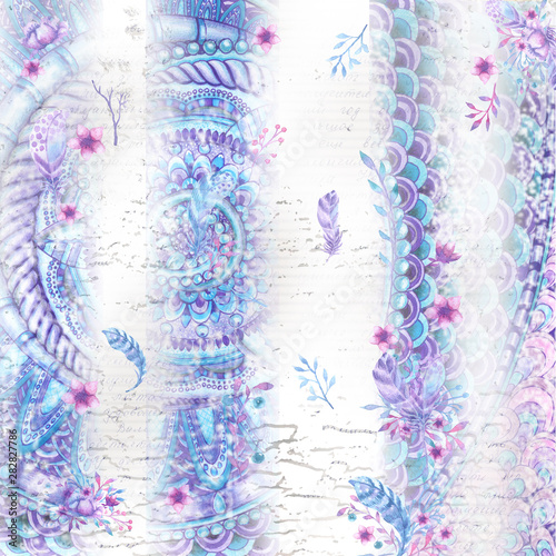 Abstract background with watercolor striped pattern in lilac colors, grunge texture. Text, freehand drawing of a bird's feather with computer graphics.