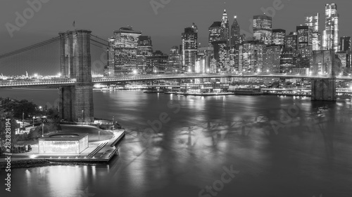 view of the lower Manhattan and Brooklyn Bridge black and white, New York City
