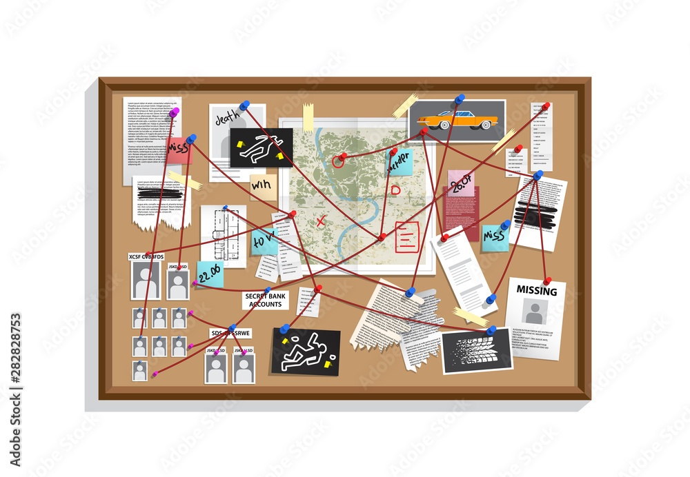 Detective Board with pins and evidence, crime investigation Stock