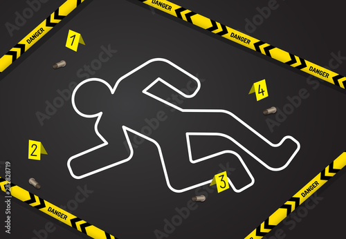 Crime scene, do not cross police tape. Chalk outline from the murder