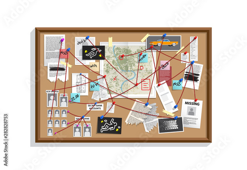 Detective Board with pins and evidence, crime investigation