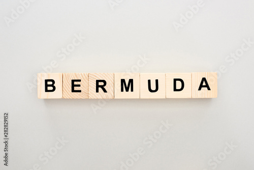 top view of wooden blocks with Bermuda lettering on white background