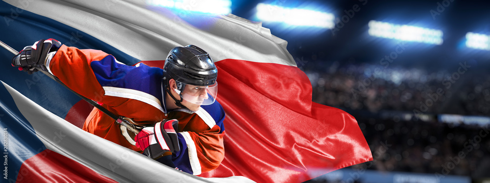 Czech Hockey Player in action around national flags