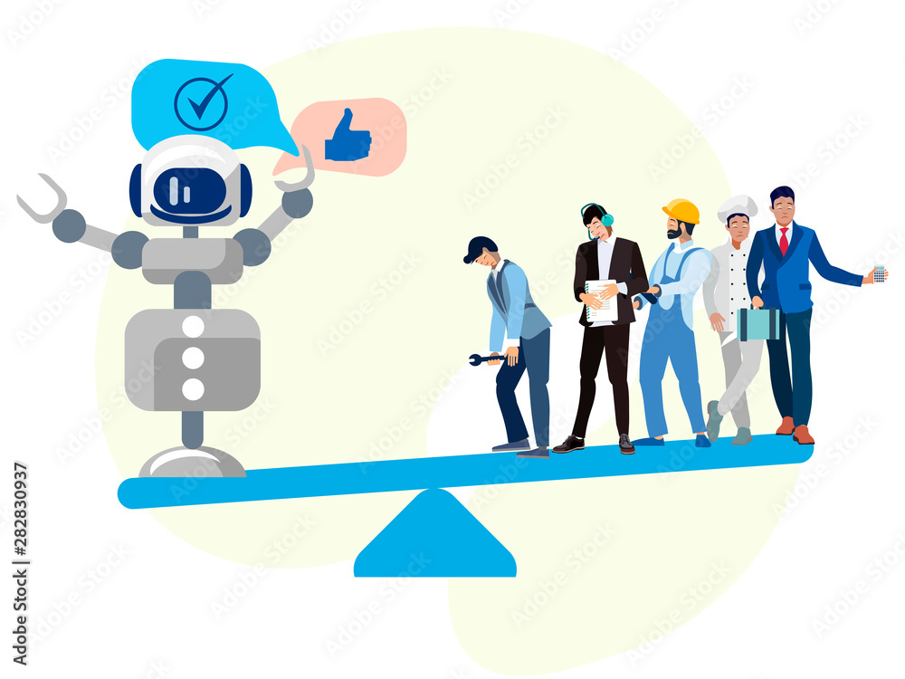The modern world, technology is better than people. In minimalist style Cartoon flat raster The modern world, technology is better than people. In minimalist style Cartoon flat raster