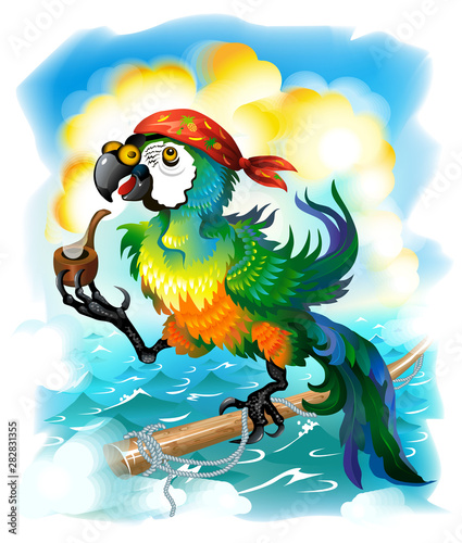 Green parrot macaw in a red bandana on background of ocean smokes a pipe. A sea pirate. Vector illustration.