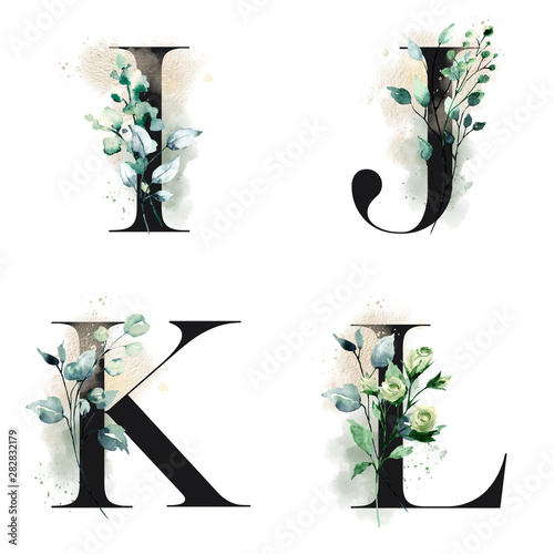 Letter K in watercolor flowers and leaves. Floral monogram