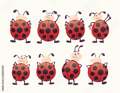 Eight different cute ladybugs with different facial expressions, showing closed wings. Vector art good for topics like kids books,  kids games, animation, and mobile games and apps.