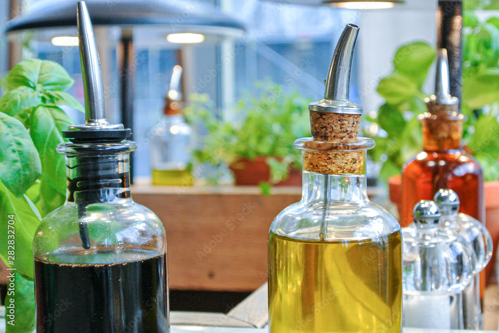 Olive oil and vinegar macro photo. Olive oil and vinegar macro photo.