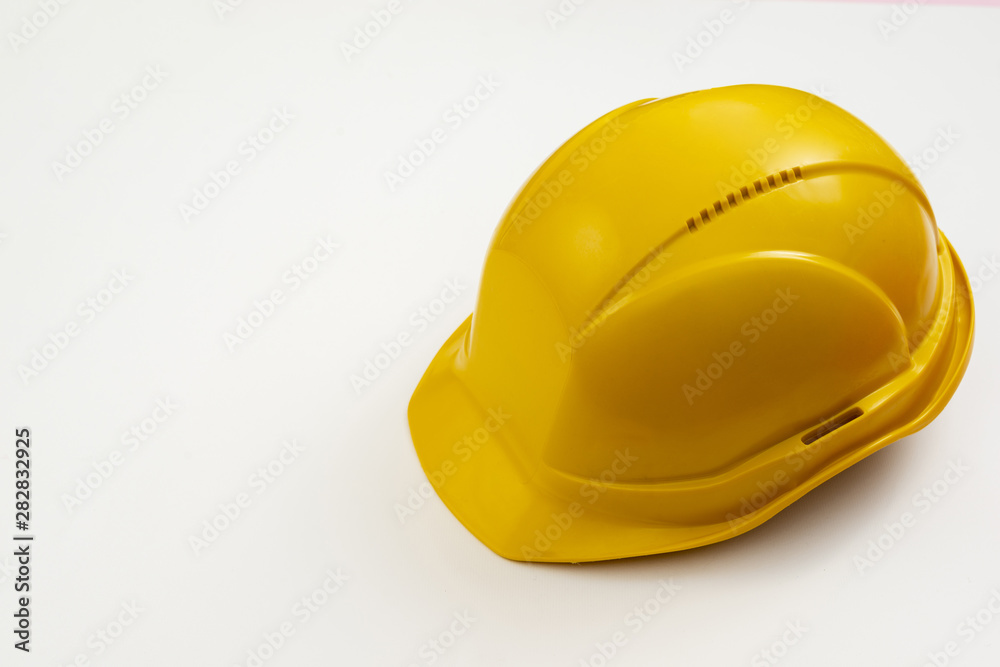Close-up high angle view construction helmet Close-up high angle view construction helmet