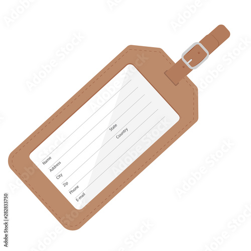 Brown leather luggage tag with name, address, city, state, phone fields. Luggage label with strap vector illustration. Travel tag
