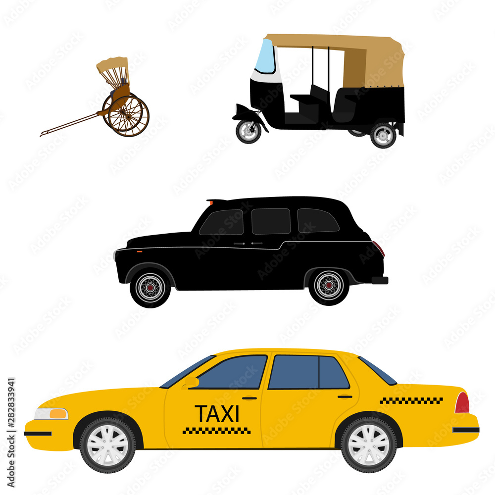 Taxi cab icon set:  yellow taxi, London cab, hand pulled rickshaw and indian tuk-tuk.