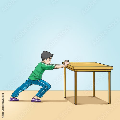 boy pushing the table