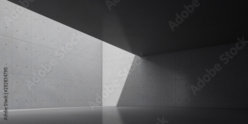 Fototapeta Streszczenie betonowego wnętrza światłem słonecznym rzuca cień na ścianę, projekt struktury geometrycznej, przestrzeń muzeum, perspektywa architektury brutalizmu, renderowanie 3d