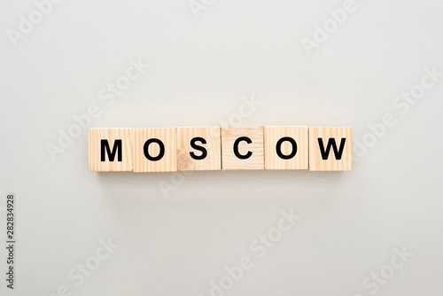 top view of wooden blocks with Moscow lettering on white background