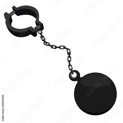Vector illustration ball on chain. Shackle icon. Jail chain with heavy shackle. Prison ball and chain