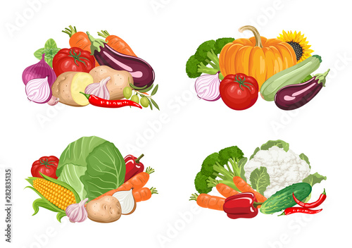 Set of banners with heaps of vegetables on white background. Vector illustration in cartoon flat style. Design for kitchen, restaurant, grocery store, menu.