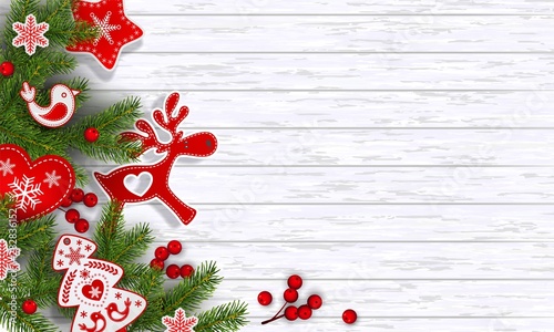 Christmas Scandinavian design, Christmas tree branch, holly berry, deer, heart, bird, snowflakes