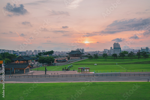 Hwaseong fortress sunset time at Yeonmudae,Suwon South Korea. photo