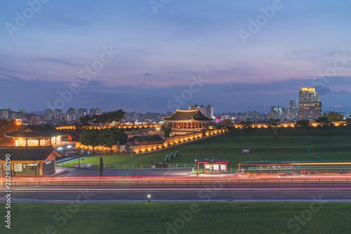 Hwaseong fortress twilight time at Yeonmudae,Suwon South Korea. photo