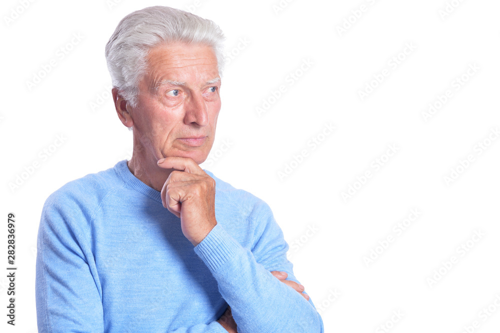 thoughtful senior man posing on white background thoughtful senior man posing on white background