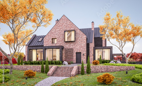 3d rendering of modern cozy clinker house on the ponds with garage and pool for sale or rent with beautiful landscaping on background. Soft autumn evening with golden leafs anywhere.