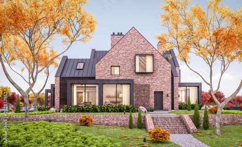 3d rendering of modern cozy clinker house on the ponds with garage and pool for sale or rent with beautiful landscaping on background. Soft autumn evening with golden leafs anywhere.