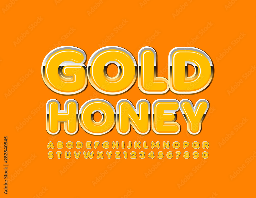 Vector chic emblem Gold Honey with Uppercase Font. Shiny orange ALphabet Letters and Numbers