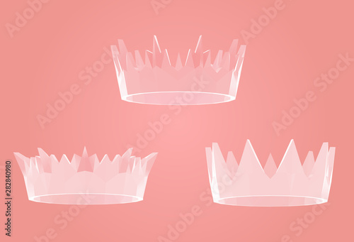 Romantic Crown. Set of Pink Crowns on Feminine Background. Low Poly Valentines Vector 3D Rendering