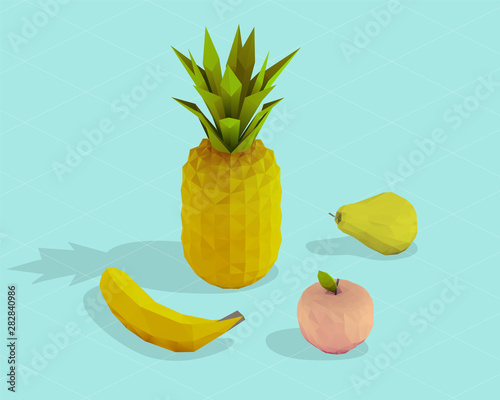 Fototapeta Naklejka Na Ścianę i Meble -  Isometric 3D Fruit. Set of Fruits on Blue Background. Low Poly Vector 3D Rendering