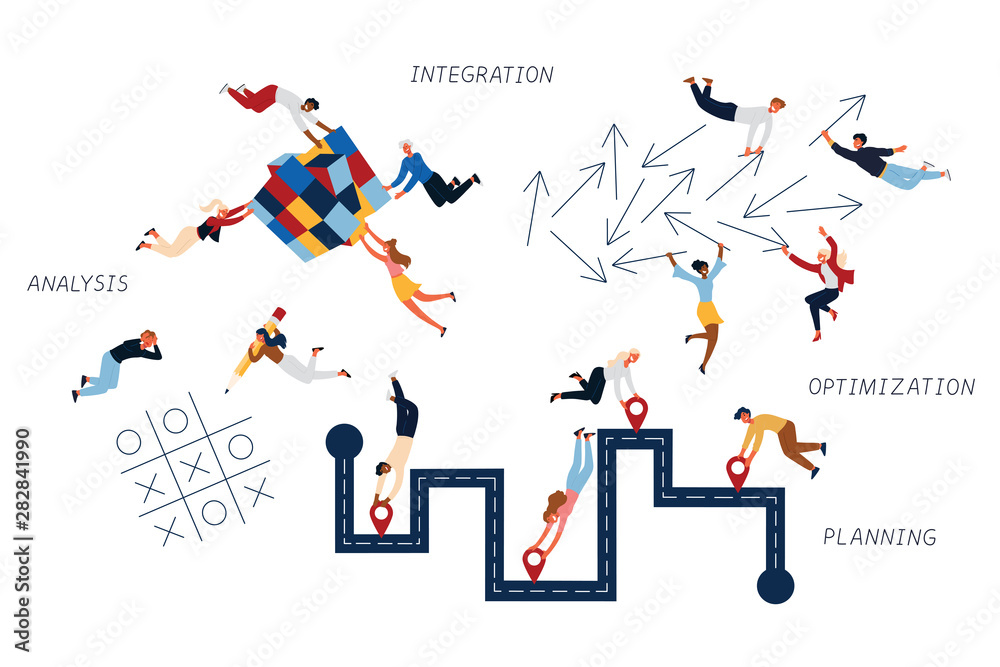 Business Concept of Marketing Strategy, Integration, Analysis, Planning, and Optimization. People Team Connecting Jigsaw, Indicate the Direction and Play. Cartoon flat Design, Isolated Vector Business Concept of Marketing Strategy, Integration, Analysis, Planning, and Optimization. People Team Connecting Jigsaw, Indicate the Direction and Play. Cartoon flat Design, Isolated Vector