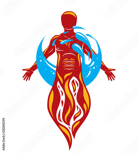 Vector illustration of human being standing, mythic ancient god. Prometheus surrounded by a water ball, water and fire diversity and harmony.