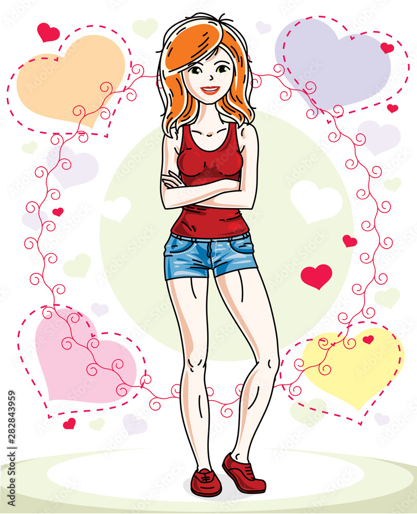 Young beautiful redhead woman posing on bright background with loving hearts and wearing casual clothes. Vector attractive female illustration. Valentine day theme cartoon. Young beautiful redhead woman posing on bright background with loving hearts and wearing casual clothes. Vector attractive female illustration. Valentine day theme cartoon.