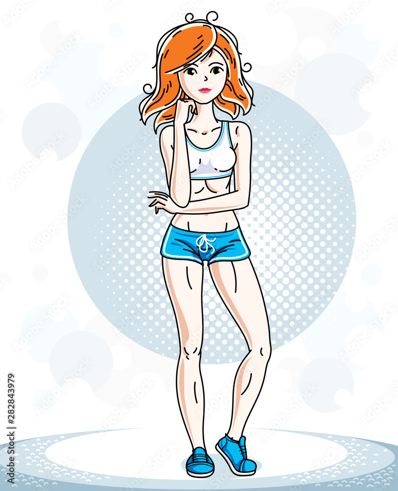 Young beautiful red-haired sporty woman standing. Vector character wearing shorts. Sport and fitness theme. Young beautiful red-haired sporty woman standing. Vector character wearing shorts. Sport and fitness theme.
