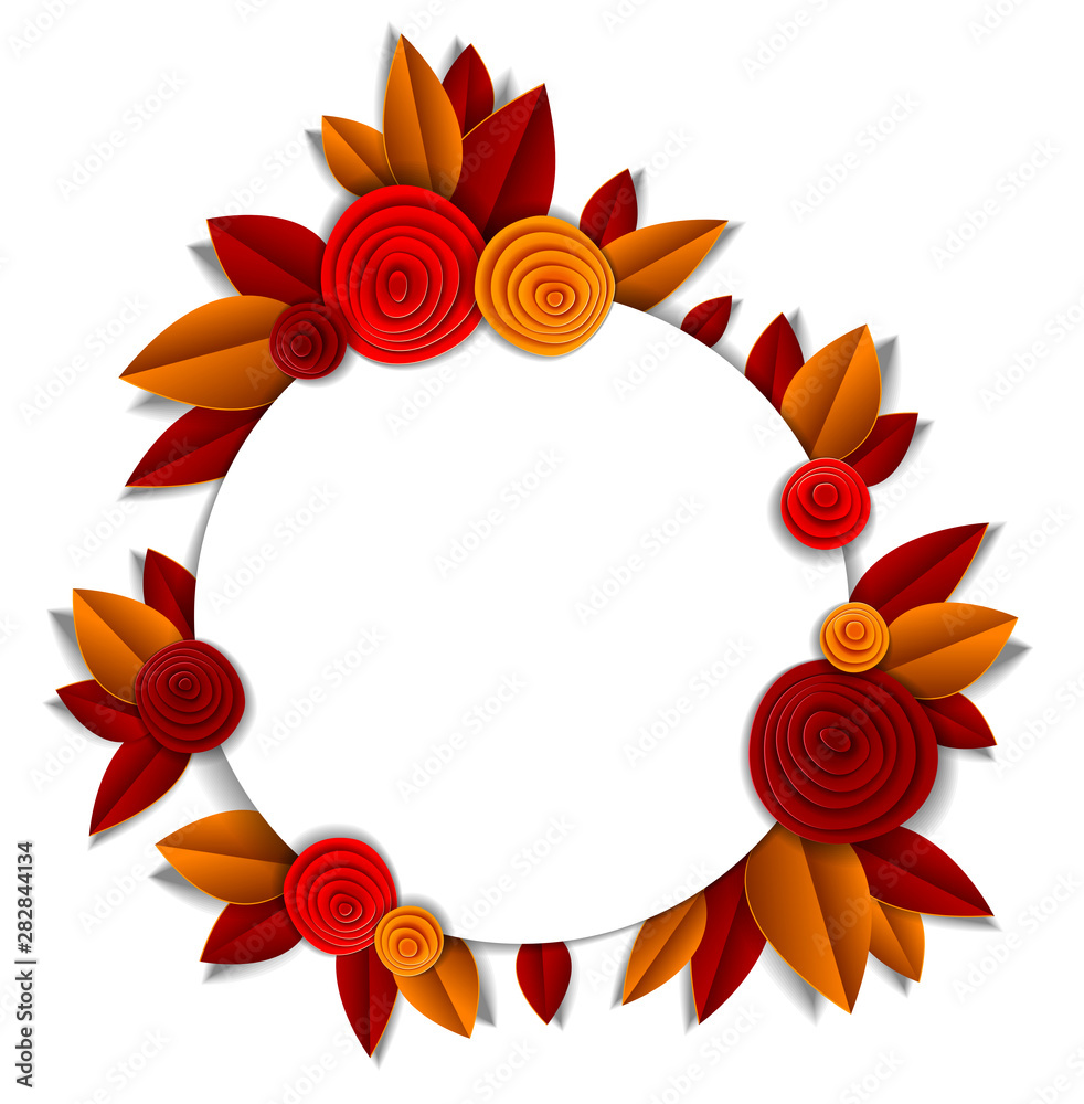 Background with flowers and autumn leaves paper cut style, copy space for text, vector fall floral illustration. Wedding invitation or romantic greeting card. Background with flowers and autumn leaves paper cut style, copy space for text, vector fall floral illustration. Wedding invitation or romantic greeting card.