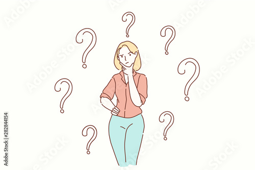 Thoughtful serious young woman looking away with hand on chin feeling doubt isolated , millennial girl with unsure face thinking of question considering uncertain about making decision on blank
