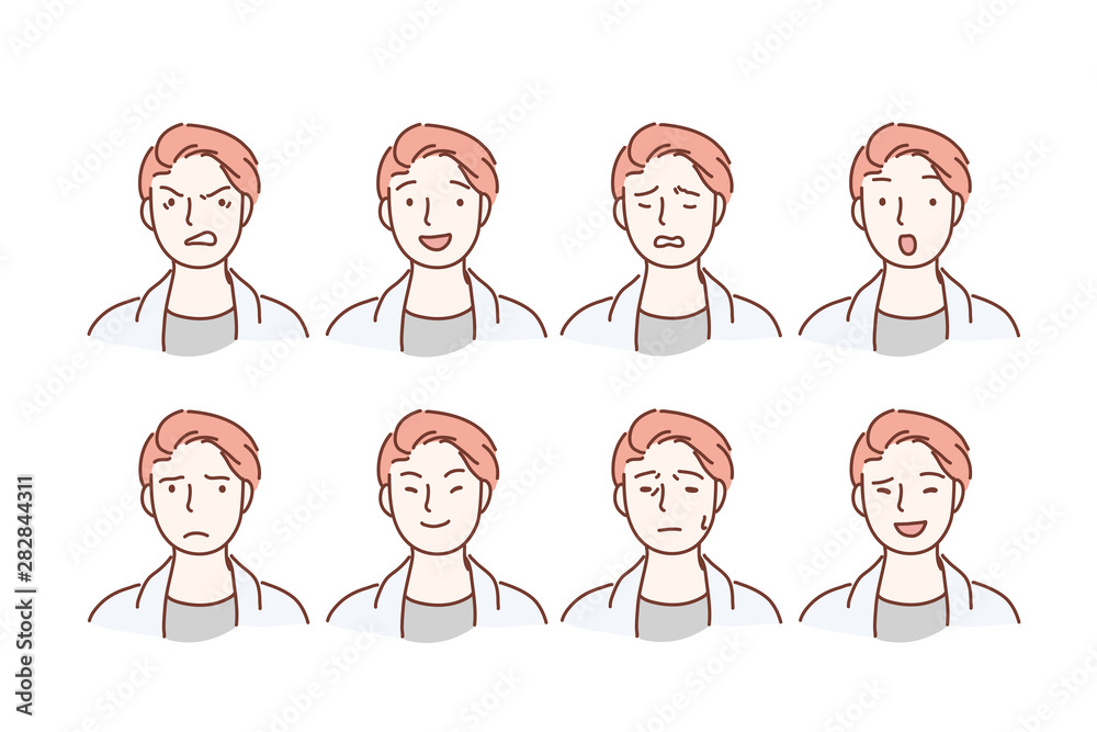 Handsome guy portrait with different facial expressions set isolated on background. Young boy smiling, happy, kind, greeting emotion happy, anger, laugh, surprise, cheerful, angry, unhappy, joy, sad Handsome guy portrait with different facial expressions set isolated on background. Young boy smiling, happy, kind, greeting emotion happy, anger, laugh, surprise, cheerful, angry, unhappy, joy, sad