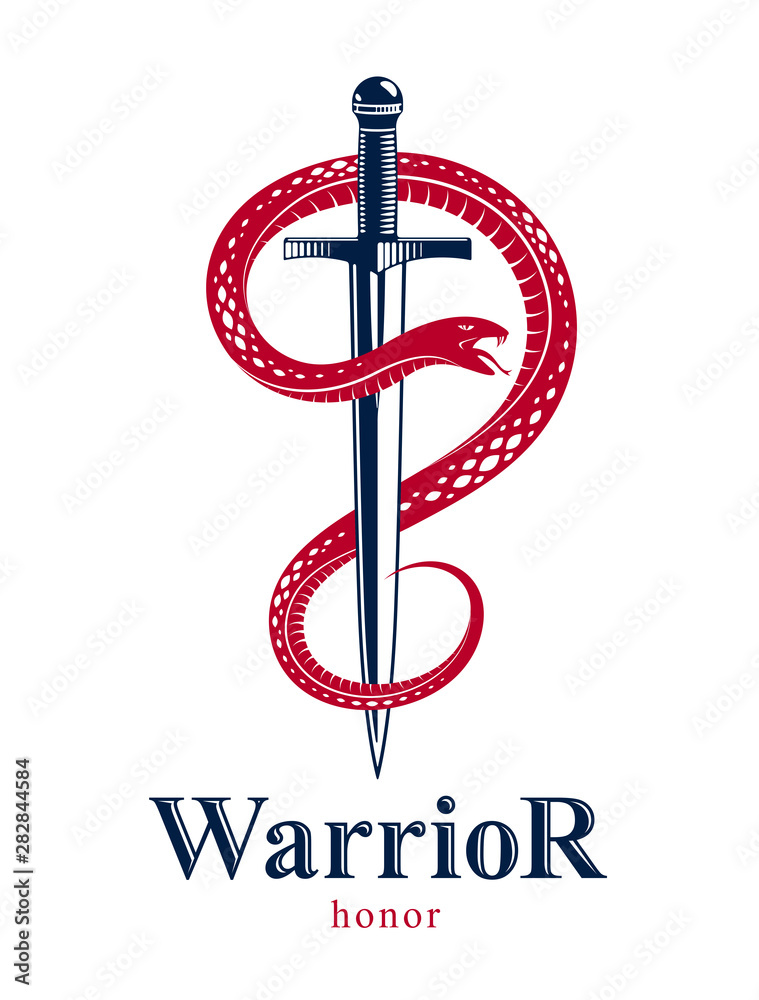 Snake and Dagger, Serpent wraps around a sword vector vintage tattoo, Roman god Mercury, luck and trickery, allegorical logo or emblem of ancient symbol. Snake and Dagger, Serpent wraps around a sword vector vintage tattoo, Roman god Mercury, luck and trickery, allegorical logo or emblem of ancient symbol.