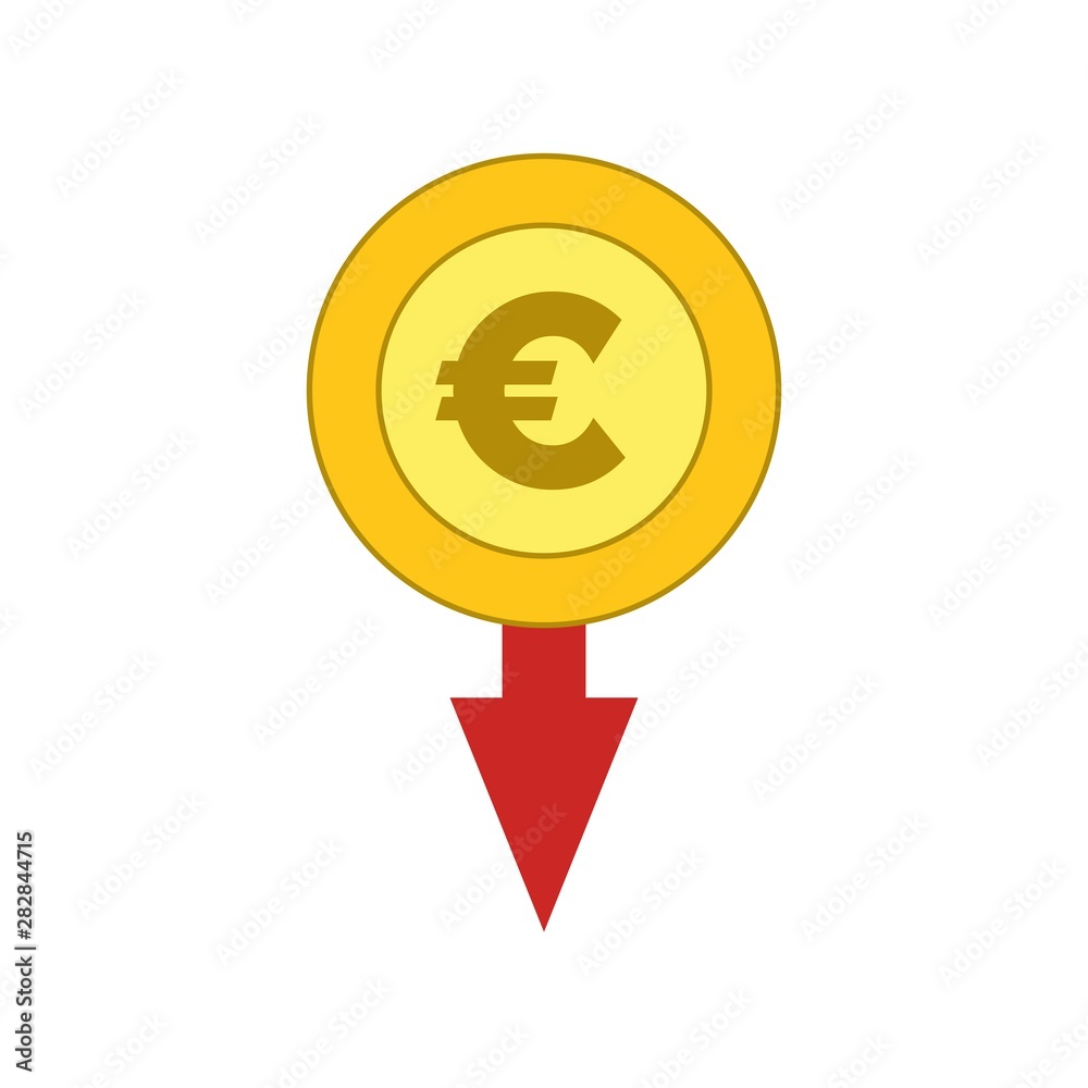 isolated Euro coin and Euro symbol with moving down red arrow icon,vector. isolated Euro coin and Euro symbol with moving down red arrow icon,vector.